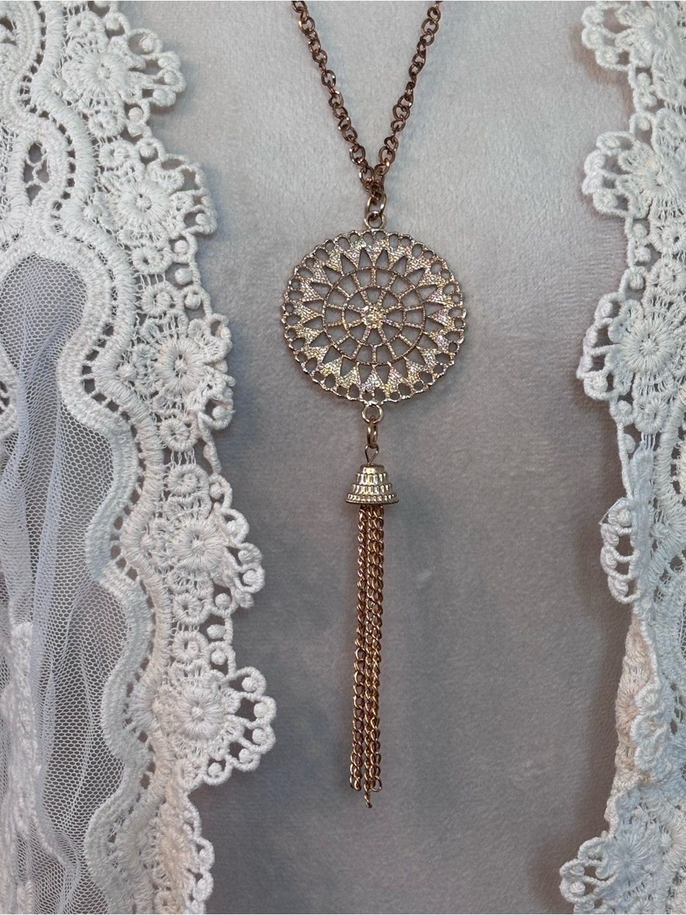 70’s Inspired Intricate Boho-style Pendant Necklace Gold Tone Medallion 18”